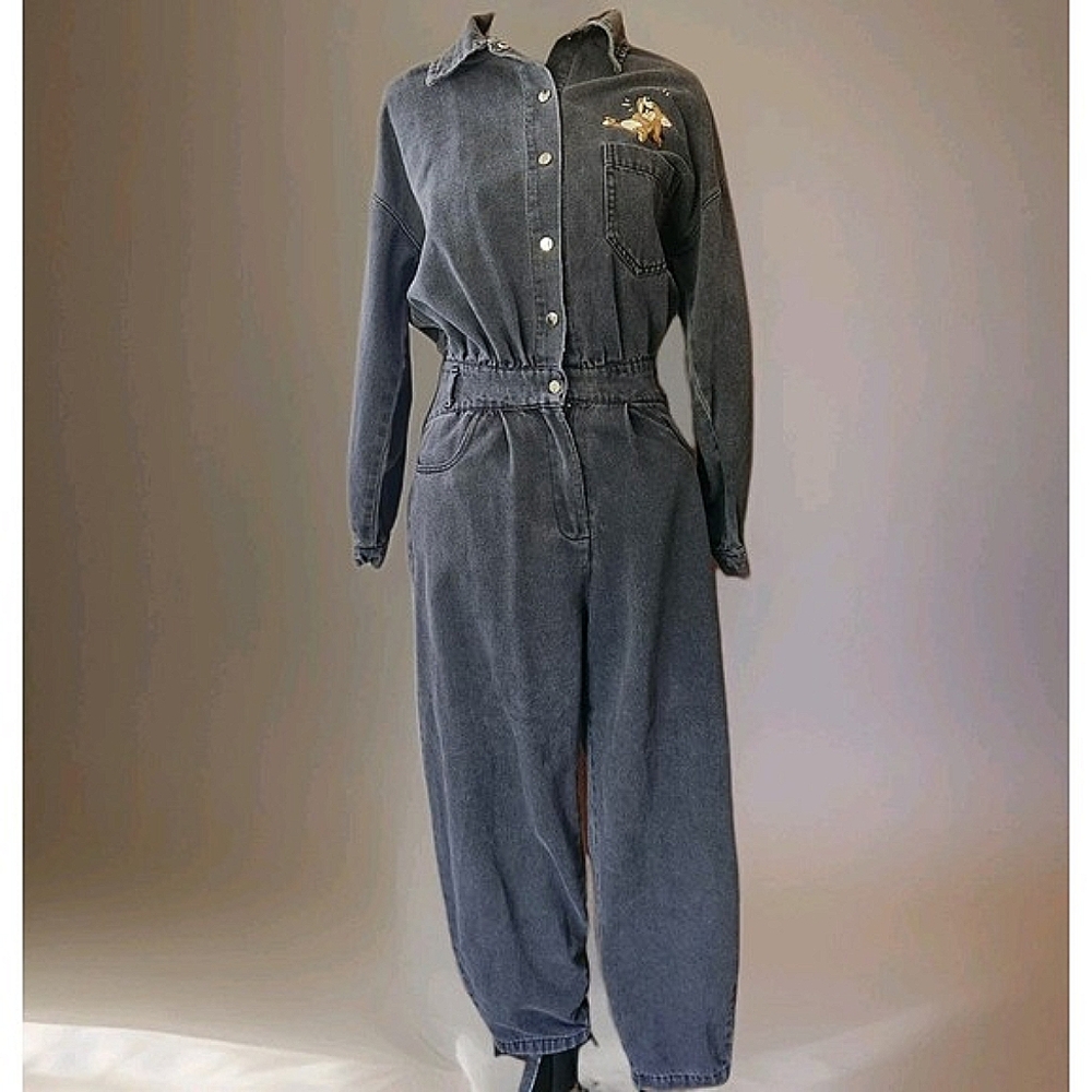 Zara Jumpsuit Denim‎ Long Sleeve Button Up Tom & Jerry Graphic Size XS Women's